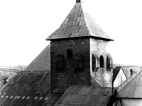 Bell tower of the Collegiate Church, in Roncesvalles, Spain, on November 2004 (