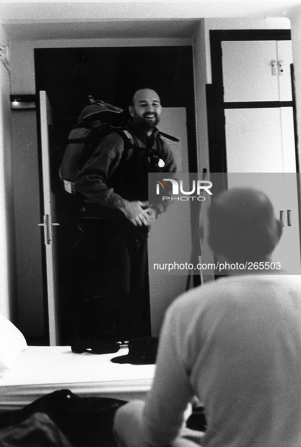  A pilgrim just arrived at the hostel, in Roncesvalles, Spain, on November 2004  