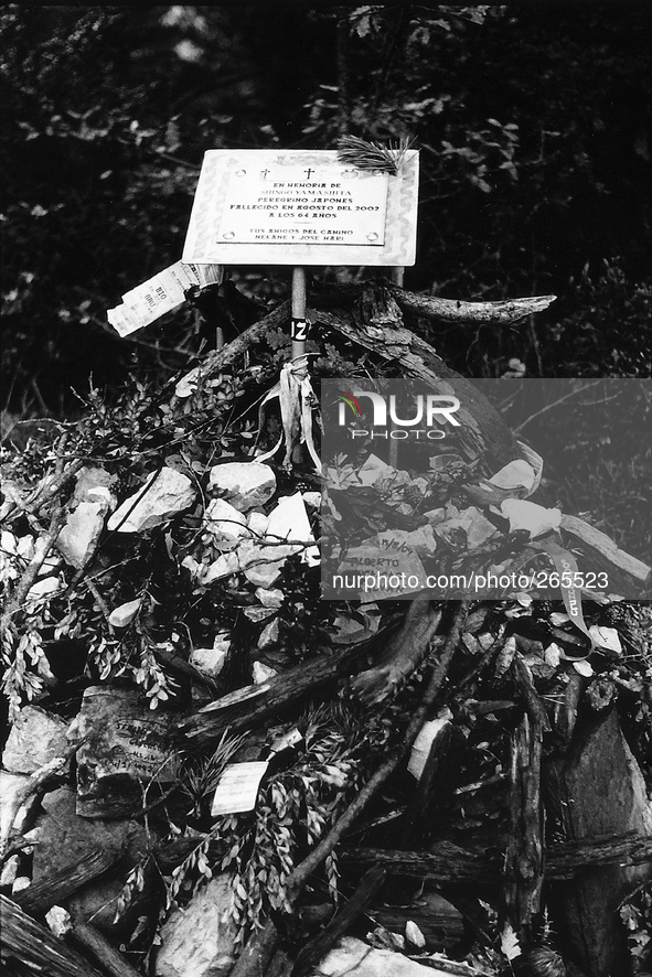 Plaque in memory of a Japanese pilgrim on the Camino Santiago de Compostela, in Alto de Erro, Spain, on December 2004  