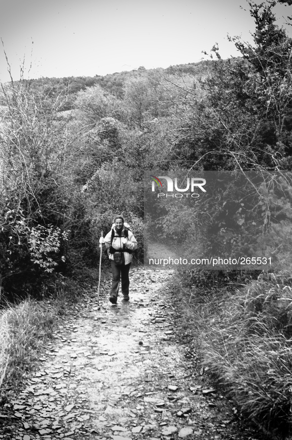 Virginia, Spanish pilgrim, on her arrival at the hostel, in Laransoana, Spain, on December 2004 