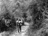 Virginia, Spanish pilgrim, on her arrival at the hostel, in Laransoana, Spain, on December 2004 (