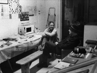 Virginia and Eduardo, Spanish pilgrims, traveling to Santiago de Compostela, during a moment of relax after a day of walking, in the hall of...