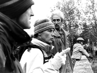 The Spanish pilgrims Virginia and Eduardo asking for information on the location of the hostel, in Pamplona, ​​Spain, on December 2004 
 (