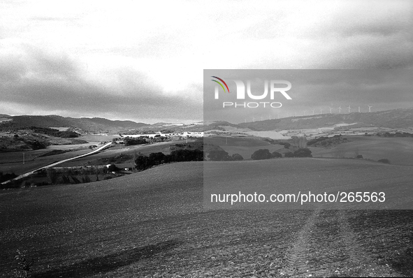 The Sierra High Perdòn the view from afar, in Cizur Menor, Spain, on December 2004  