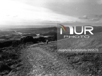 From the top of the hill the view to Puente la Reina, in the Perdòn Alto, Spain, on December 2004  (