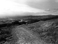 From the top of the hill the view to Puente la Reina, in the Perdòn Alto, Spain, on December 2004  (