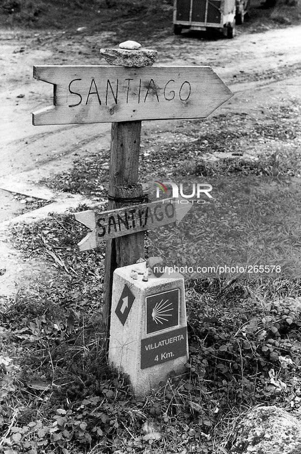 The pilgrims often leave near the warning signs of the stones bear witness to their passage, in Lorca, Spain, December 2004  