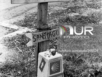 The pilgrims often leave near the warning signs of the stones bear witness to their passage, in Lorca, Spain, December 2004  (