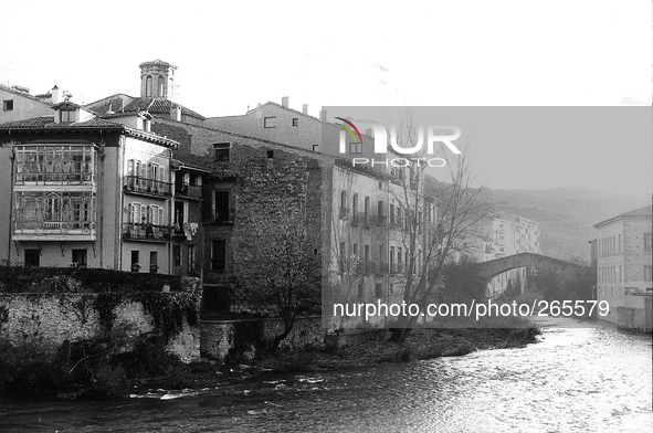 View of the town from the bridge over the Rio Ega, in Estella, Spain, on December 2004  