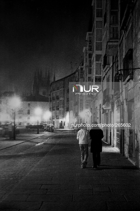 Night walk through the streets of Logrono, in the background  the twin towers of the Gothic cathedral, Santa Maria la Redonda, in Logrono, S...