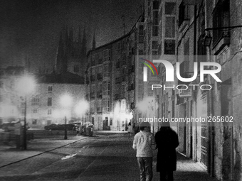 Night walk through the streets of Logrono, in the background  the twin towers of the Gothic cathedral, Santa Maria la Redonda, in Logrono, S...