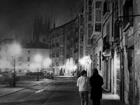 Night walk through the streets of Logrono, in the background  the twin towers of the Gothic cathedral, Santa Maria la Redonda, in Logrono, S...