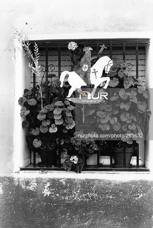 Imaginative depiction of Santiago on horseback, Belorado, Spain, on December 2004 