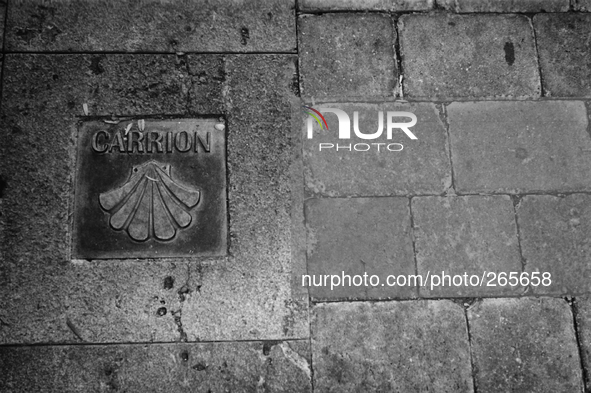 The shell, symbol of the Camino de Santiago de Compostela, on the sidewalks of the main street, in Carrion de los Condes, Spain, on December...