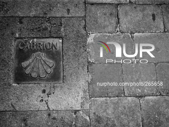 The shell, symbol of the Camino de Santiago de Compostela, on the sidewalks of the main street, in Carrion de los Condes, Spain, on December...