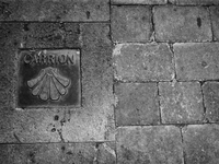 The shell, symbol of the Camino de Santiago de Compostela, on the sidewalks of the main street, in Carrion de los Condes, Spain, on December...