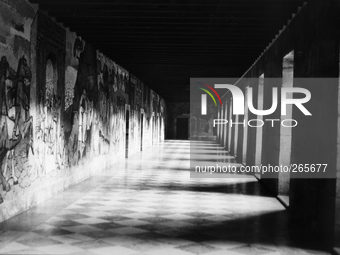 Cloister inside the shelter adjacent to the monastery, in Samos, Spain, on December 2004 (