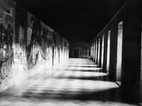 Cloister inside the shelter adjacent to the monastery, in Samos, Spain, on December 2004 (