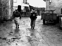 The Spanish pilgrim "Diz" in the path from Portomarin to Palais del Rei, in Castromaior, Spain, on December 2004 (