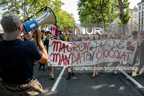 Demonstration of the students against the selection at the university and the law ORE in Lyon, France, the 09 May 2018.  More than 300 stude...