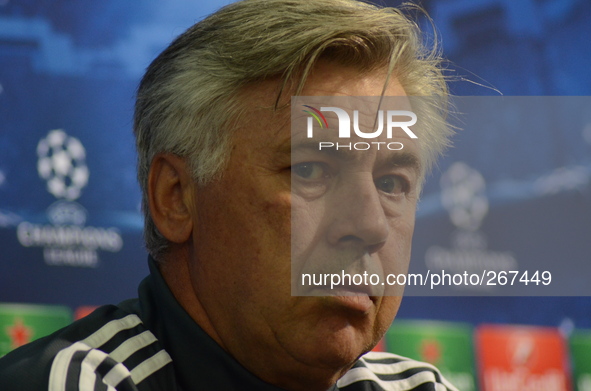 Real Madrid's Coach Carlo Ancelotti speaks during a news conference at the Vassil Levski stadium in the Bulgarian capital Sofia, Tuesday, Se...