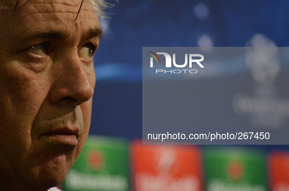 Real Madrid's Coach Carlo Ancelotti speaks during a news conference at the Vassil Levski stadium in the Bulgarian capital Sofia, Tuesday, Se...