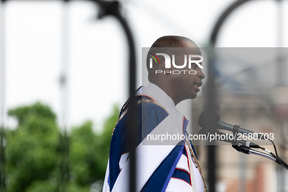 Howard University President Dr. Wayne A.I. Frederick speaks, at the commencement ceremony for the 2018 graduating class. Chadwick Boseman is...