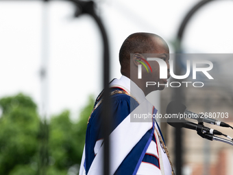 Howard University President Dr. Wayne A.I. Frederick speaks, at the commencement ceremony for the 2018 graduating class. Chadwick Boseman is...