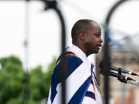 Howard University President Dr. Wayne A.I. Frederick speaks, at the commencement ceremony for the 2018 graduating class. Chadwick Boseman is...