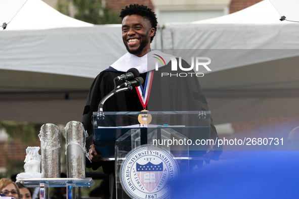 Actor and alumnus Chadwick Boseman delivers the keynote address at Howard University's commencement ceremony for the 2018 graduating class....