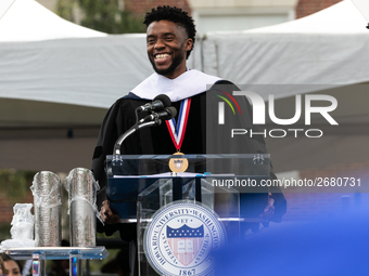 Actor and alumnus Chadwick Boseman delivers the keynote address at Howard University's commencement ceremony for the 2018 graduating class....