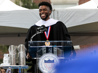 Actor and alumnus Chadwick Boseman delivers the keynote address at Howard University's commencement ceremony for the 2018 graduating class....