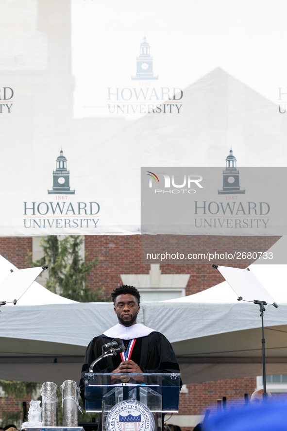 Actor and alumnus Chadwick Boseman delivers the keynote address at Howard University's commencement ceremony for the 2018 graduating class....