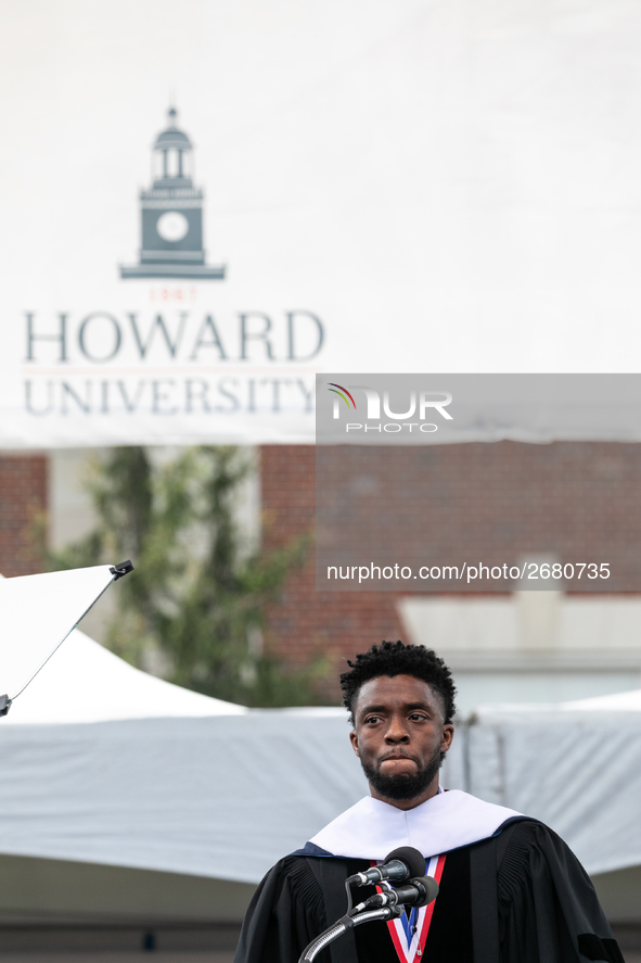 Actor and alumnus Chadwick Boseman delivers the keynote address at Howard University's commencement ceremony for the 2018 graduating class....