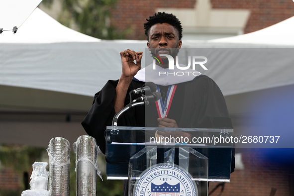 Actor and alumnus Chadwick Boseman delivers the keynote address at Howard University's commencement ceremony for the 2018 graduating class....