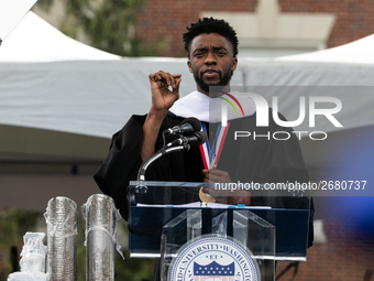 Actor and alumnus Chadwick Boseman delivers the keynote address at Howard University's commencement ceremony for the 2018 graduating class....