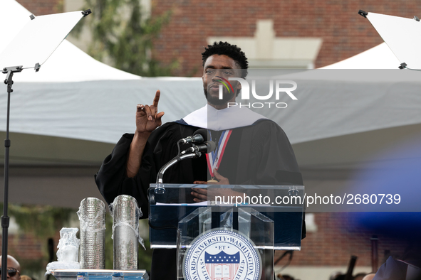 Actor and alumnus Chadwick Boseman delivers the keynote address at Howard University's commencement ceremony for the 2018 graduating class....