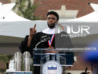 Actor and alumnus Chadwick Boseman delivers the keynote address at Howard University's commencement ceremony for the 2018 graduating class....