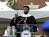 Actor and alumnus Chadwick Boseman delivers the keynote address at Howard University's commencement ceremony for the 2018 graduating class....