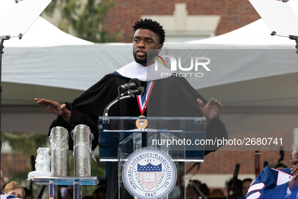 Actor and alumnus Chadwick Boseman delivers the keynote address at Howard University's commencement ceremony for the 2018 graduating class....