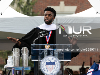 Actor and alumnus Chadwick Boseman delivers the keynote address at Howard University's commencement ceremony for the 2018 graduating class....