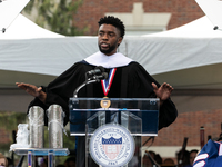 Actor and alumnus Chadwick Boseman delivers the keynote address at Howard University's commencement ceremony for the 2018 graduating class....