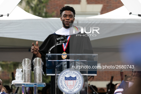 Actor and alumnus Chadwick Boseman delivers the keynote address at Howard University's commencement ceremony for the 2018 graduating class....