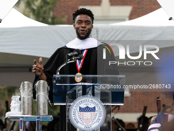 Actor and alumnus Chadwick Boseman delivers the keynote address at Howard University's commencement ceremony for the 2018 graduating class....