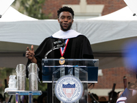 Actor and alumnus Chadwick Boseman delivers the keynote address at Howard University's commencement ceremony for the 2018 graduating class....