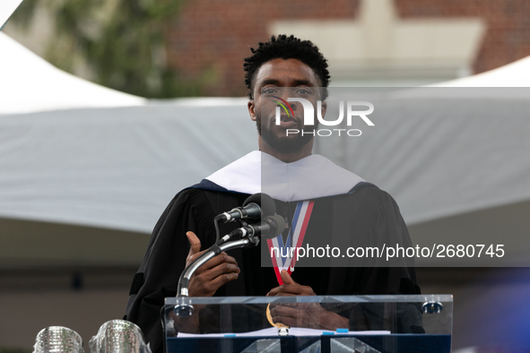 Actor and alumnus Chadwick Boseman delivers the keynote address at Howard University's commencement ceremony for the 2018 graduating class....