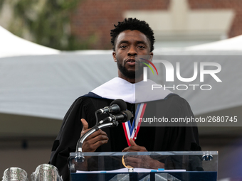 Actor and alumnus Chadwick Boseman delivers the keynote address at Howard University's commencement ceremony for the 2018 graduating class....