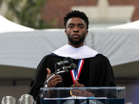 Actor and alumnus Chadwick Boseman delivers the keynote address at Howard University's commencement ceremony for the 2018 graduating class....