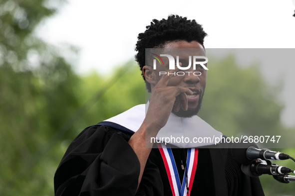 Actor and alumnus Chadwick Boseman delivers the keynote address at Howard University's commencement ceremony for the 2018 graduating class....