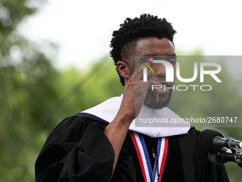 Actor and alumnus Chadwick Boseman delivers the keynote address at Howard University's commencement ceremony for the 2018 graduating class....